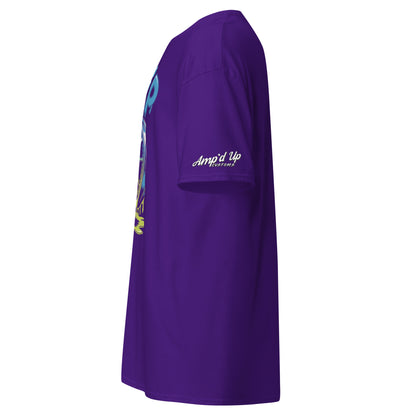 Amp'd Up Custom Drip T-Shirt in Purple with Side View to Show Design and Fit