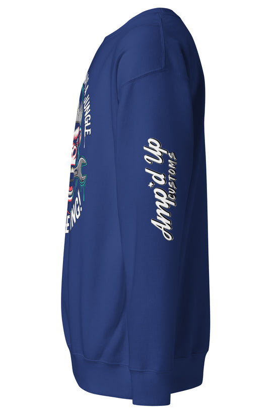 King of the Garage Sweatshirt in blue featuring custom designs from Amp'd Up Custom
