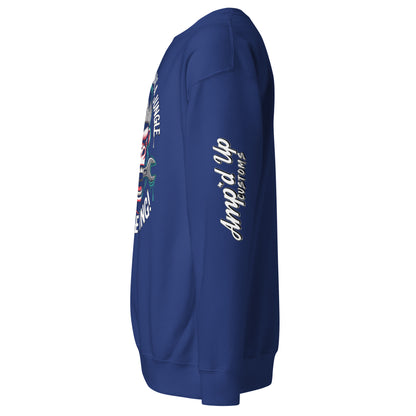 King of the Garage Sweatshirt in blue featuring custom designs from Amp'd Up Custom
