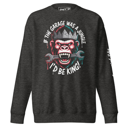 King of the Garage Sweatshirt featuring a gorilla design and wrench, perfect for mechanics and garage enthusiasts