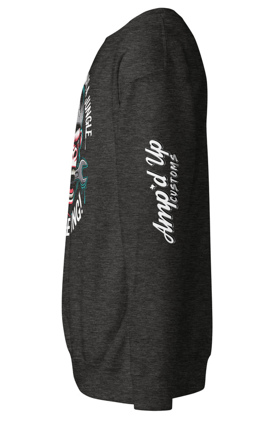Side view of King of the Garage Sweatshirt by Amp'd Up Custom in dark color, showcasing unique design and comfort