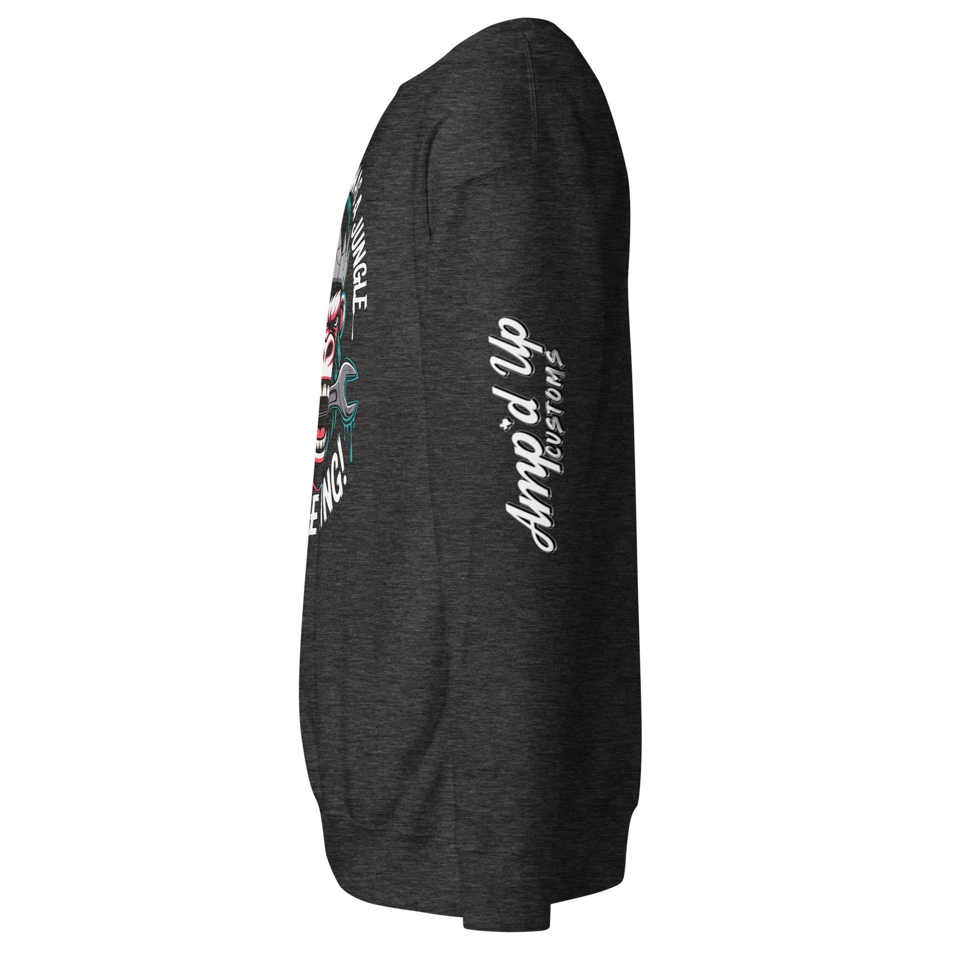 Side view of King of the Garage Sweatshirt by Amp'd Up Custom in dark color, showcasing unique design and comfort