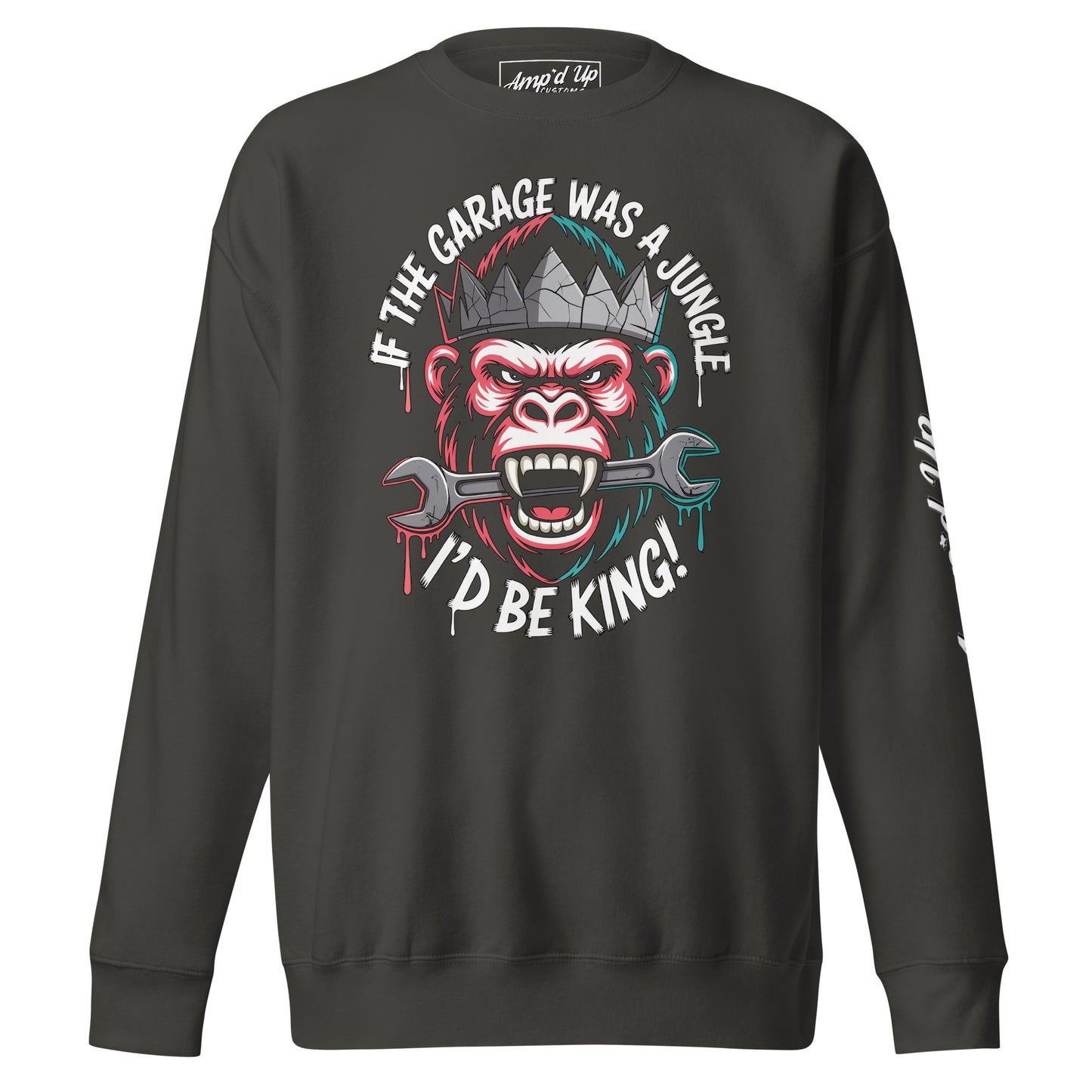 King of the Garage Sweatshirt in Black with Bold Gorilla Graphic and Fun Text Design