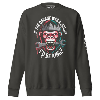 King of the Garage Sweatshirt in Black with Bold Gorilla Graphic and Fun Text Design
