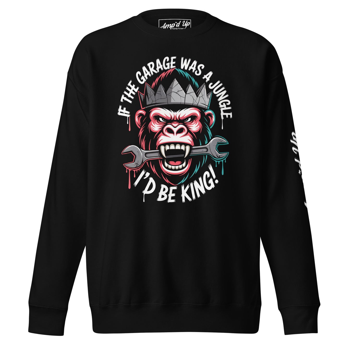 King of the Garage Sweatshirt featuring a gorilla graphic and wrench design on a black background