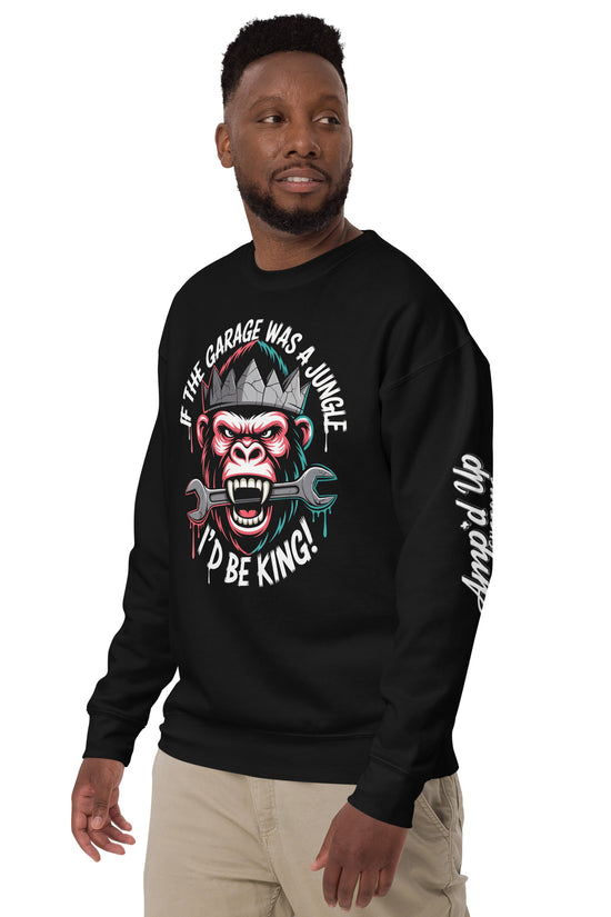 King of the Garage Sweatshirt featuring a bold graphic and comfortable fit for mechanics and garage enthusiasts.