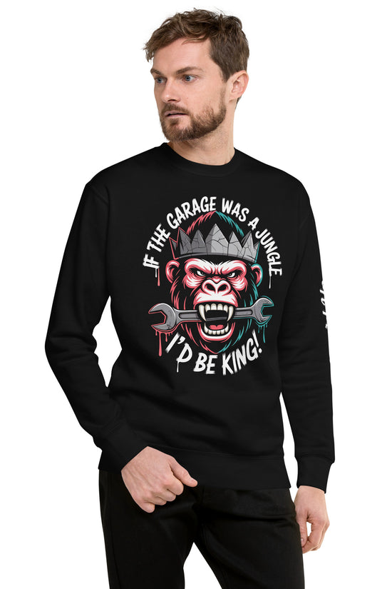 King of the Garage Sweatshirt featuring a playful monkey design and bold text for a fun, unique style