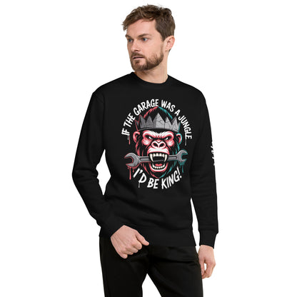 King of the Garage Sweatshirt featuring a playful monkey design and bold text for a fun, unique style