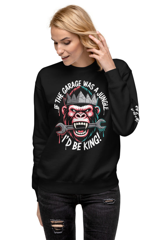 Black King of the Garage Sweatshirt featuring a monkey graphic and tools design for garage enthusiasts
