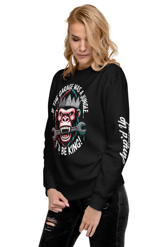 Black King of the Garage Sweatshirt featuring a jungle monkey graphic and playful text design
