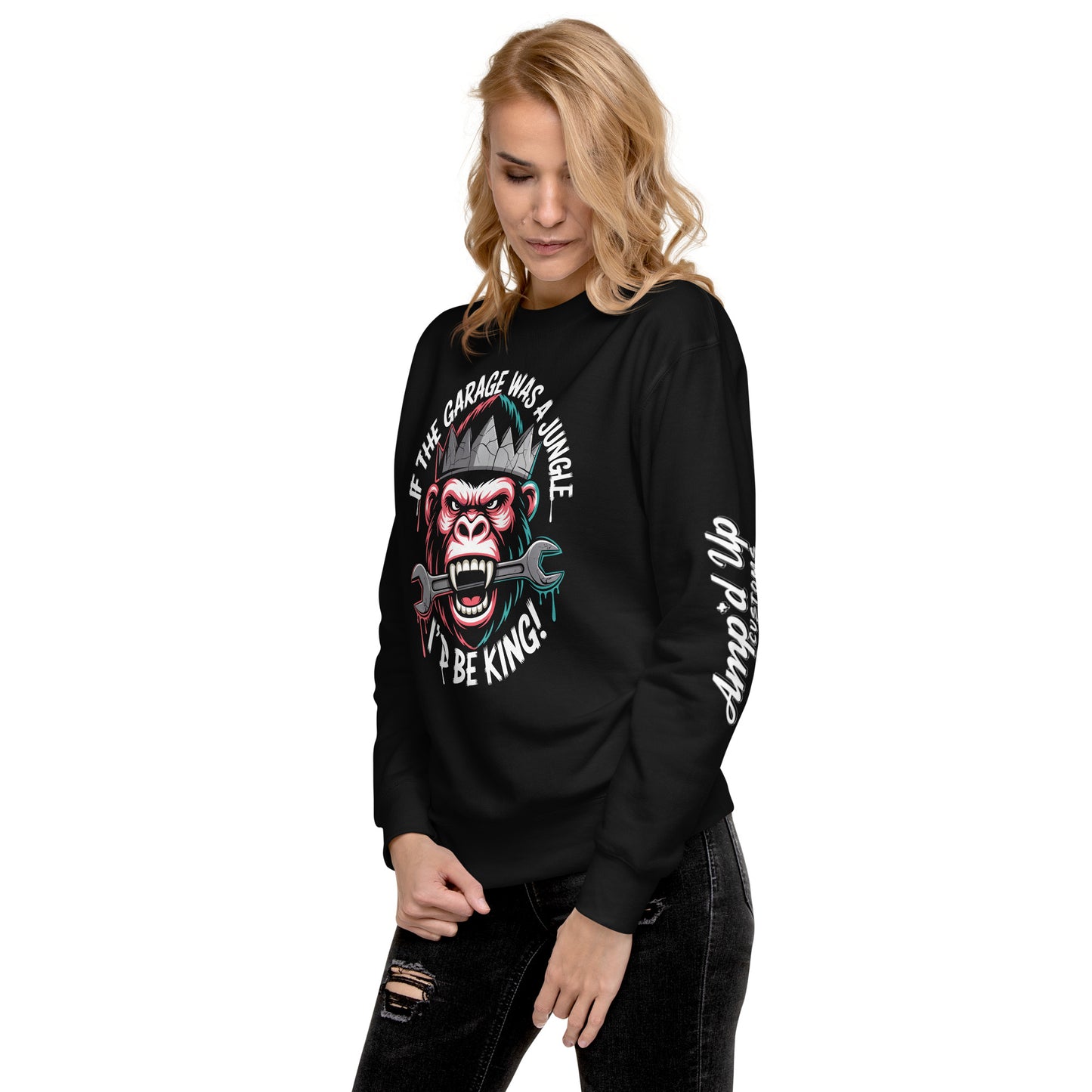 Black King of the Garage Sweatshirt featuring a jungle monkey graphic and playful text design