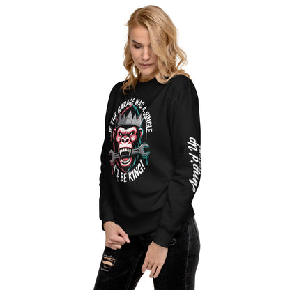 Black King of the Garage Sweatshirt featuring a jungle monkey graphic and playful text design