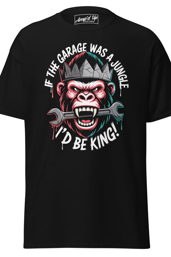 King of the Garage T-Shirt featuring a gorilla with a wrench and colorful graphics