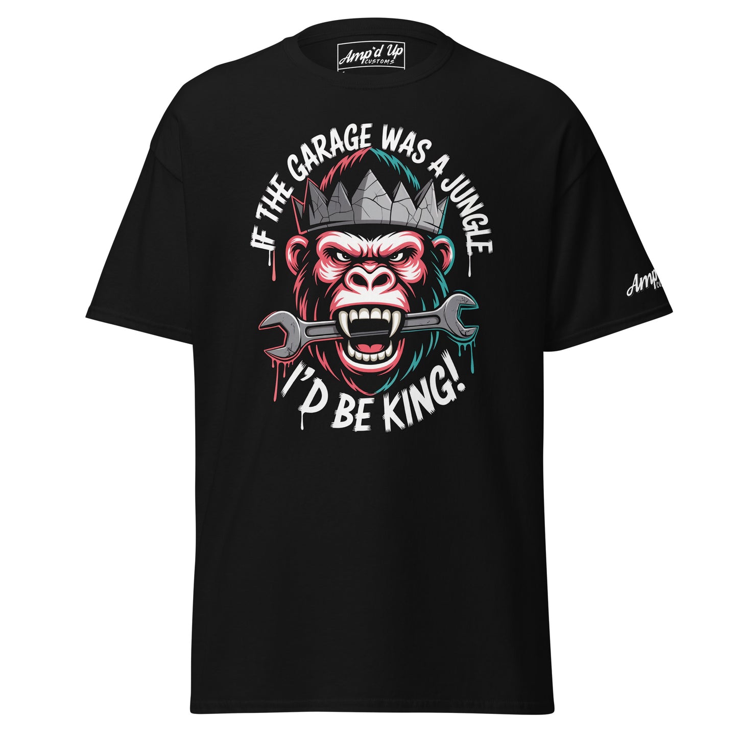 King of the Garage T-Shirt featuring a gorilla with a wrench and colorful graphics