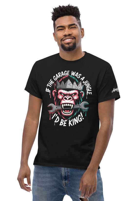 King of the Garage T-Shirt featuring a playful gorilla graphic and a fun slogan for automotive enthusiasts