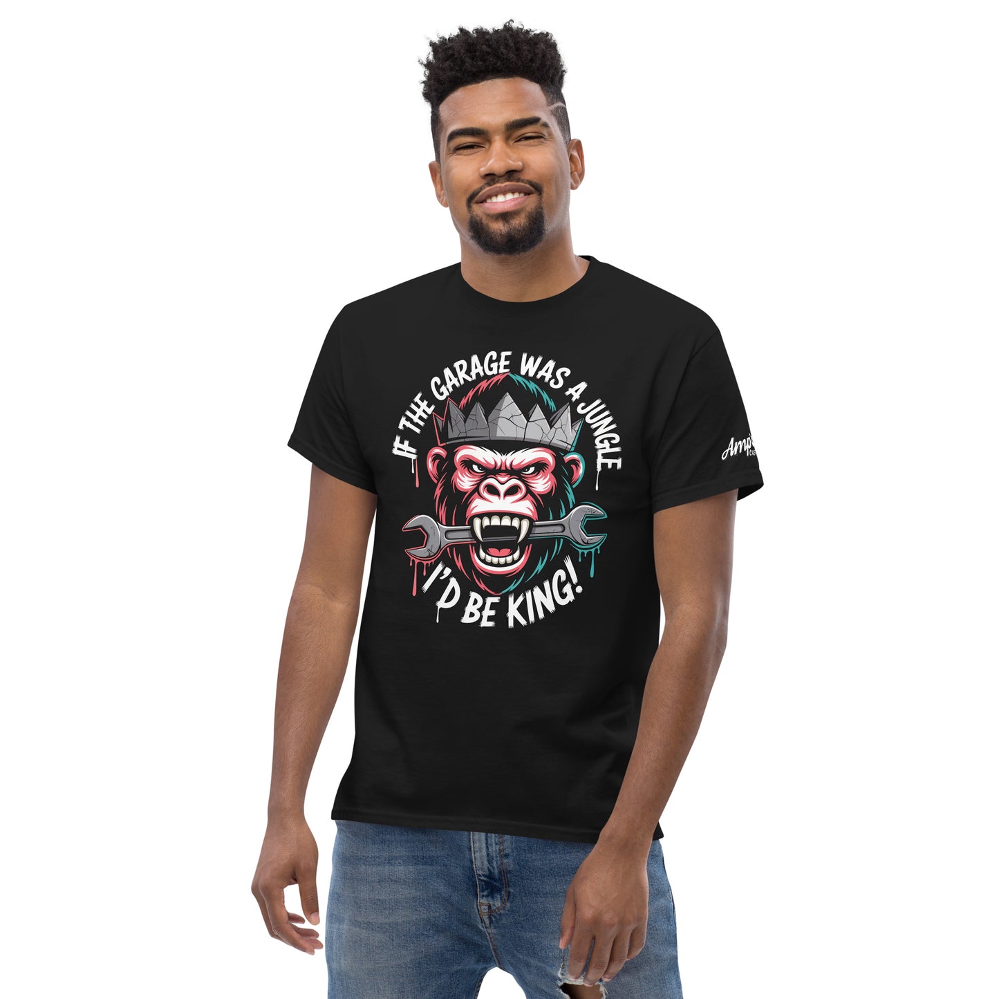 King of the Garage T-Shirt featuring a playful gorilla graphic and a fun slogan for automotive enthusiasts