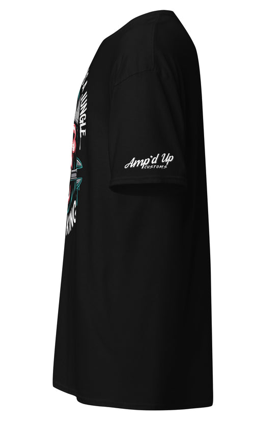 Side view of King of the Garage T-Shirt by Amp'd Up Custom in black featuring bold graphics