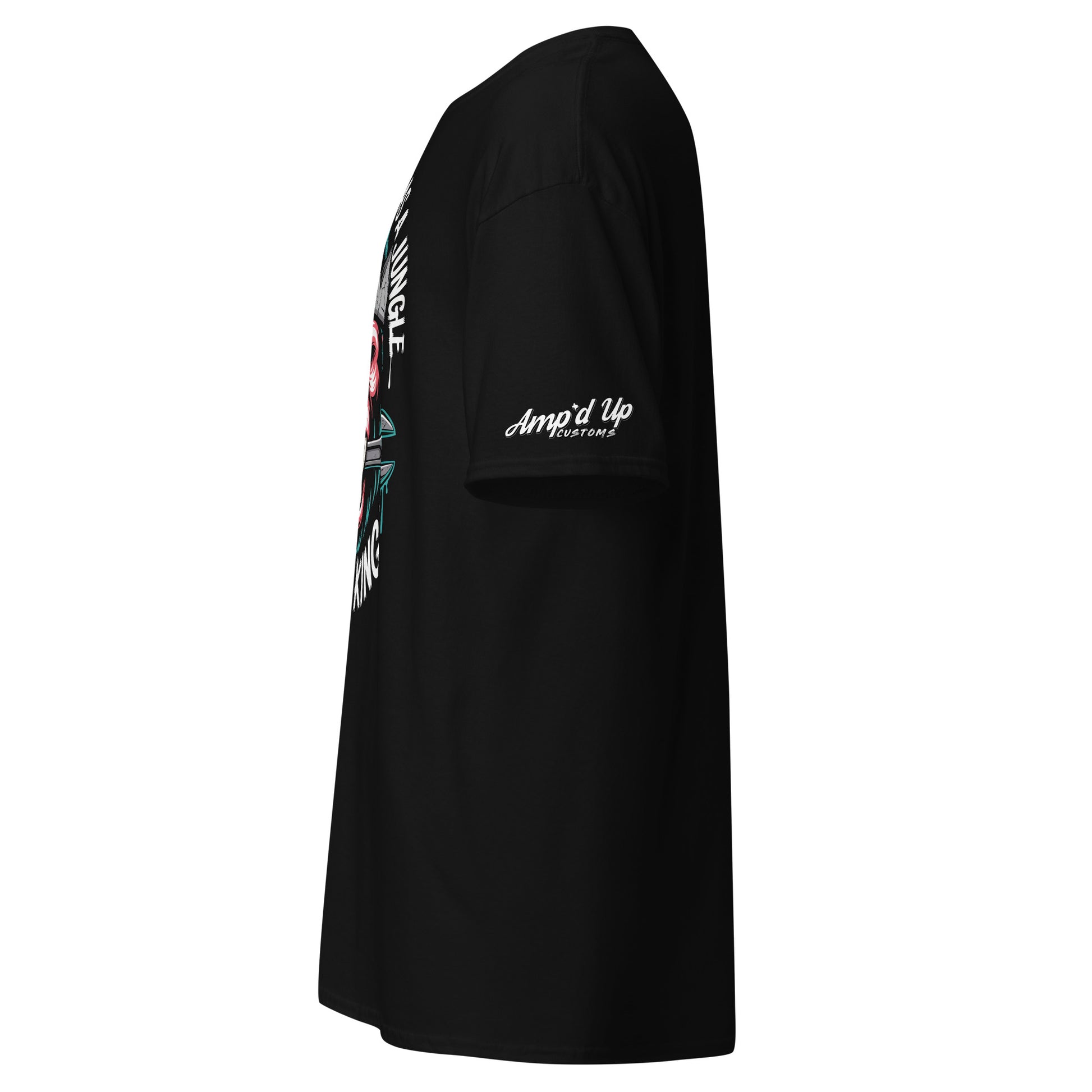 Side view of King of the Garage T-Shirt by Amp'd Up Custom in black featuring bold graphics
