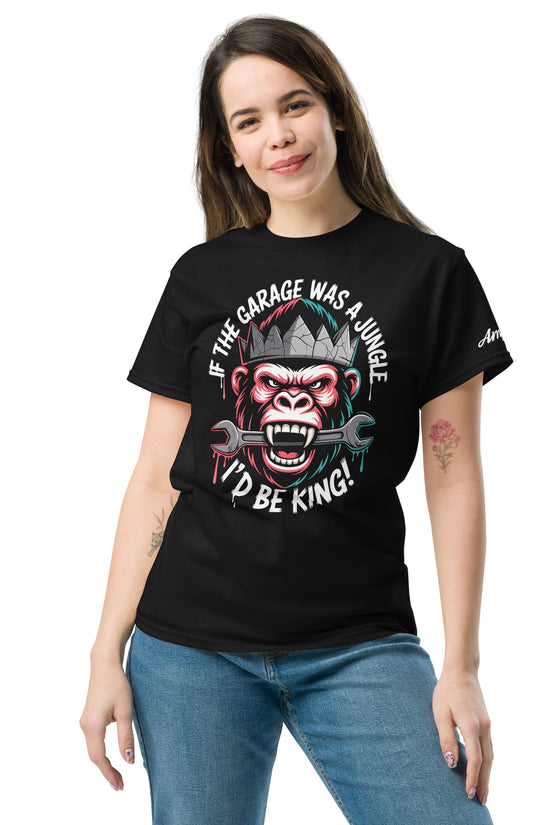 King of the Garage T-Shirt featuring a humorous gorilla graphic and bold text on a black background