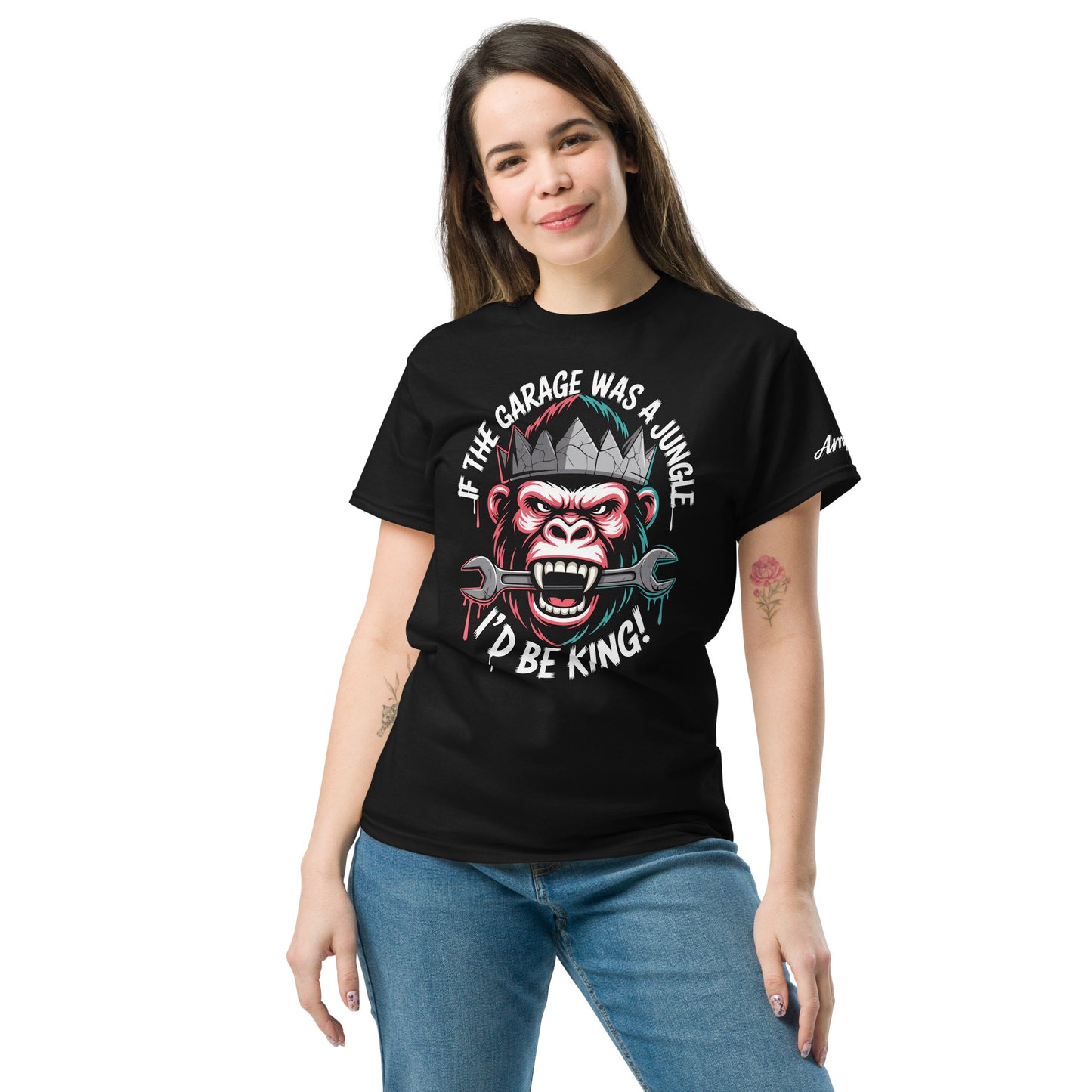 King of the Garage T-Shirt featuring a humorous gorilla graphic and bold text on a black background