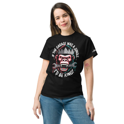 King of the Garage T-Shirt featuring a humorous gorilla graphic and bold text on a black background