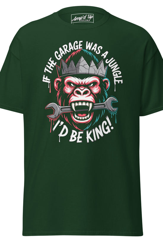 King of the Garage T-Shirt featuring a gorilla holding a wrench and fun slogan for garage enthusiasts