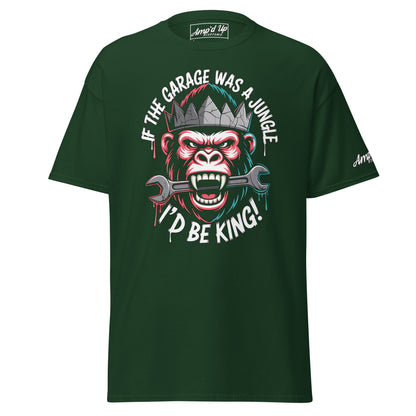 King of the Garage T-Shirt featuring a gorilla holding a wrench and fun slogan for garage enthusiasts