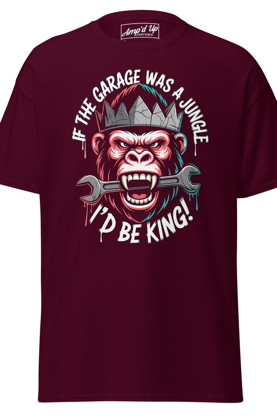 Amp'd Up Custom King of the Garage T-Shirt featuring a gorilla with a wrench and bold lettering