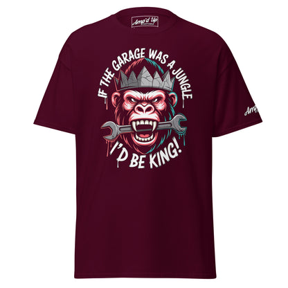 Amp'd Up Custom King of the Garage T-Shirt featuring a gorilla with a wrench and bold lettering