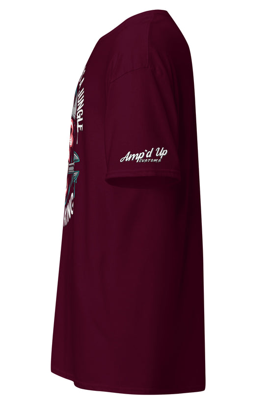 King of the Garage T-Shirt in maroon from Amp'd Up Custom featuring a bold graphic design