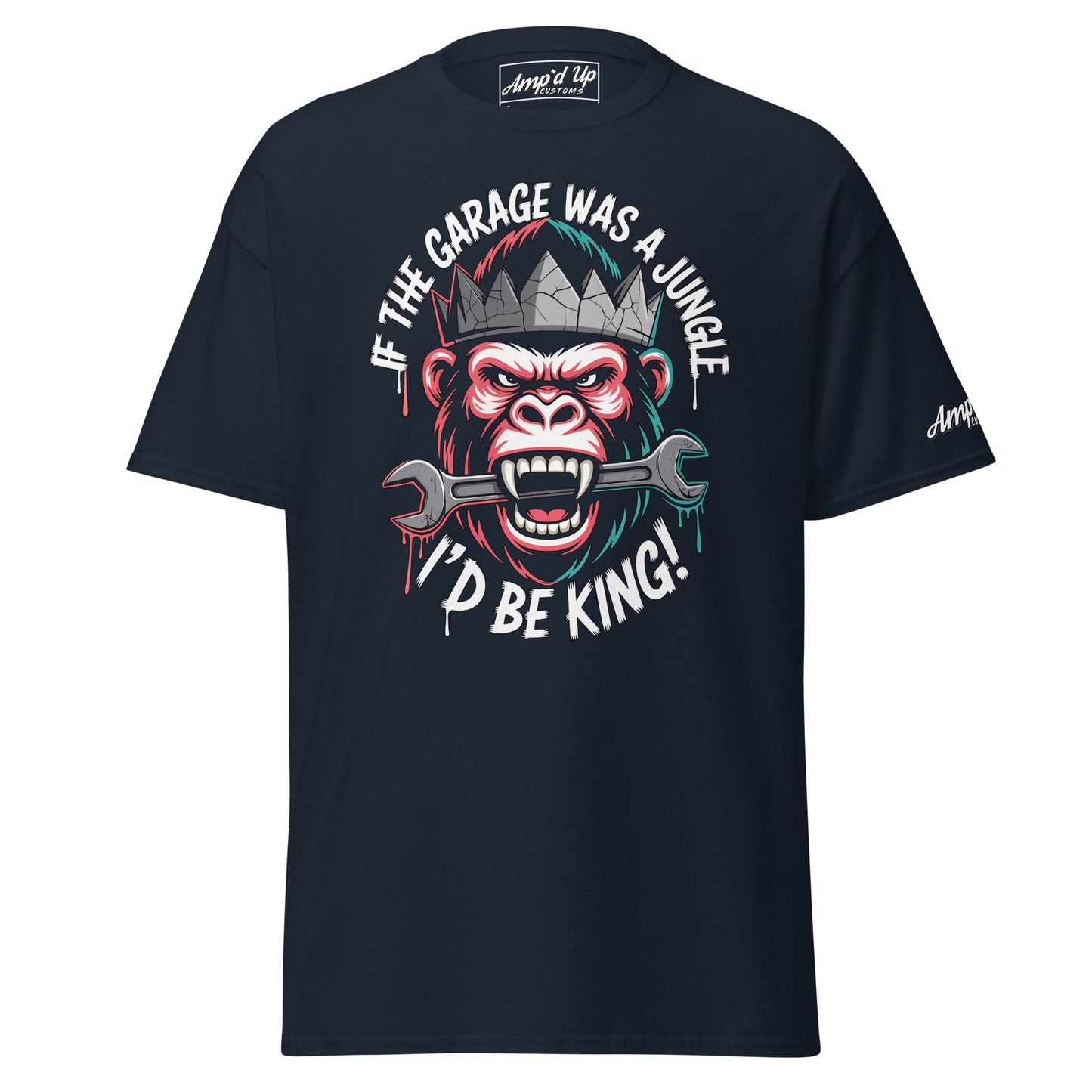 King of the Garage T-Shirt featuring a gorilla graphic and wrench design for garage enthusiasts