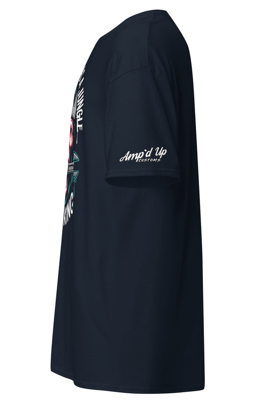 King of the Garage T-Shirt in navy with graphic design and Amp'd Up logo on sleeve