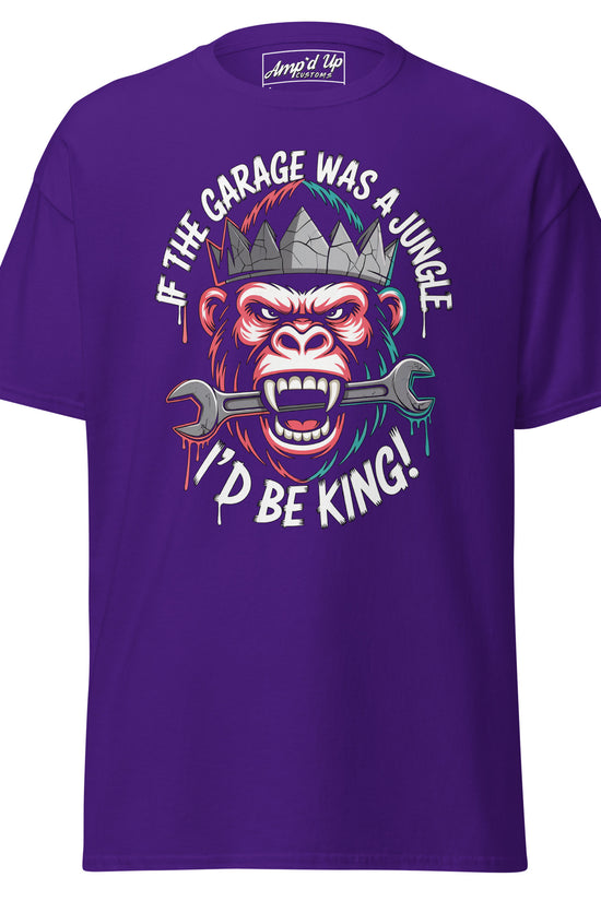 King of the Garage T-Shirt featuring a monkey holding a wrench with a playful jungle theme