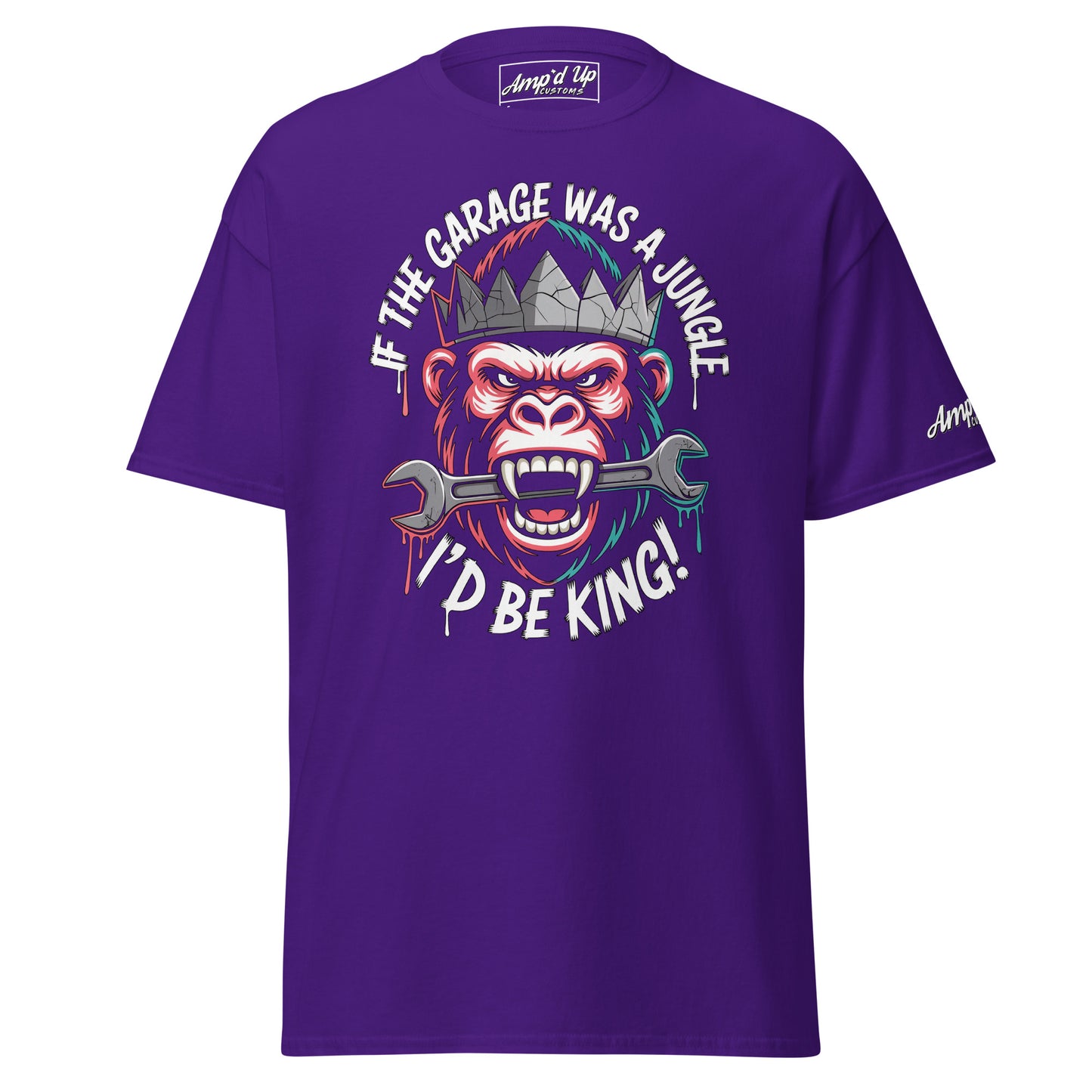 King of the Garage T-Shirt featuring a monkey holding a wrench with a playful jungle theme