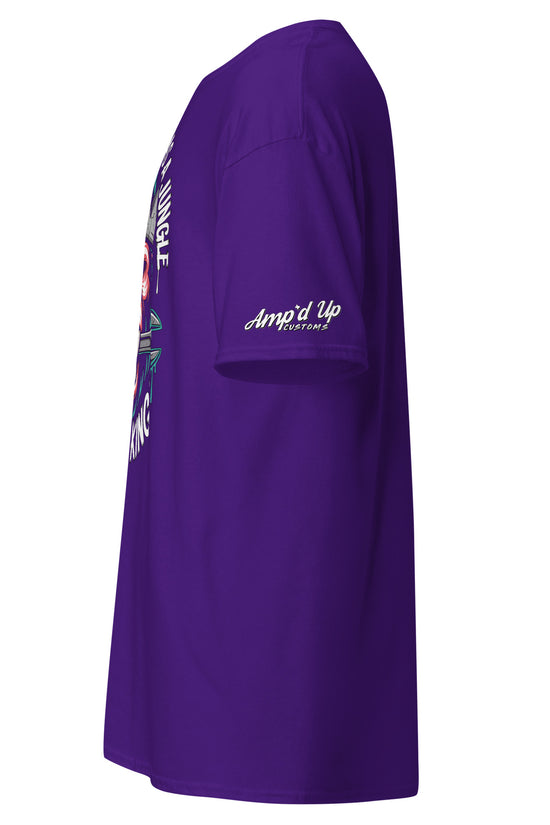 Side view of Amp'd Up Custom King of the Garage T-Shirt in vibrant purple fabric