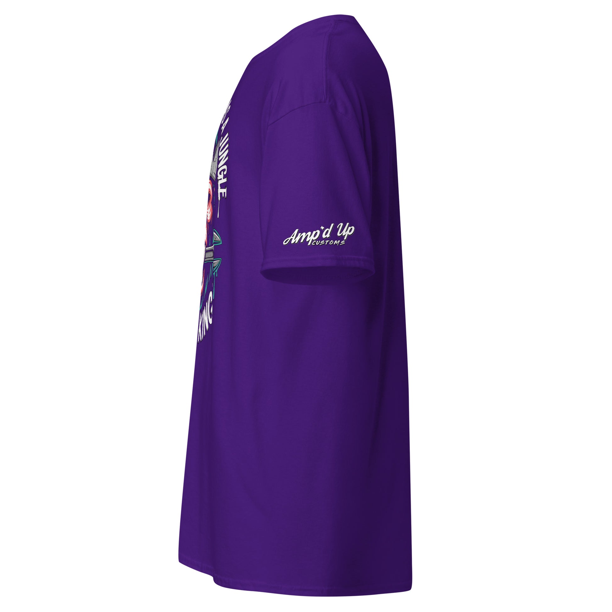 Side view of Amp'd Up Custom King of the Garage T-Shirt in vibrant purple fabric