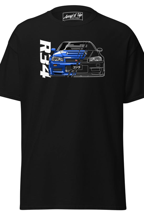 Black R34 Skyline T-Shirt from AMP'D UP CUSTOMS featuring a blue car graphic