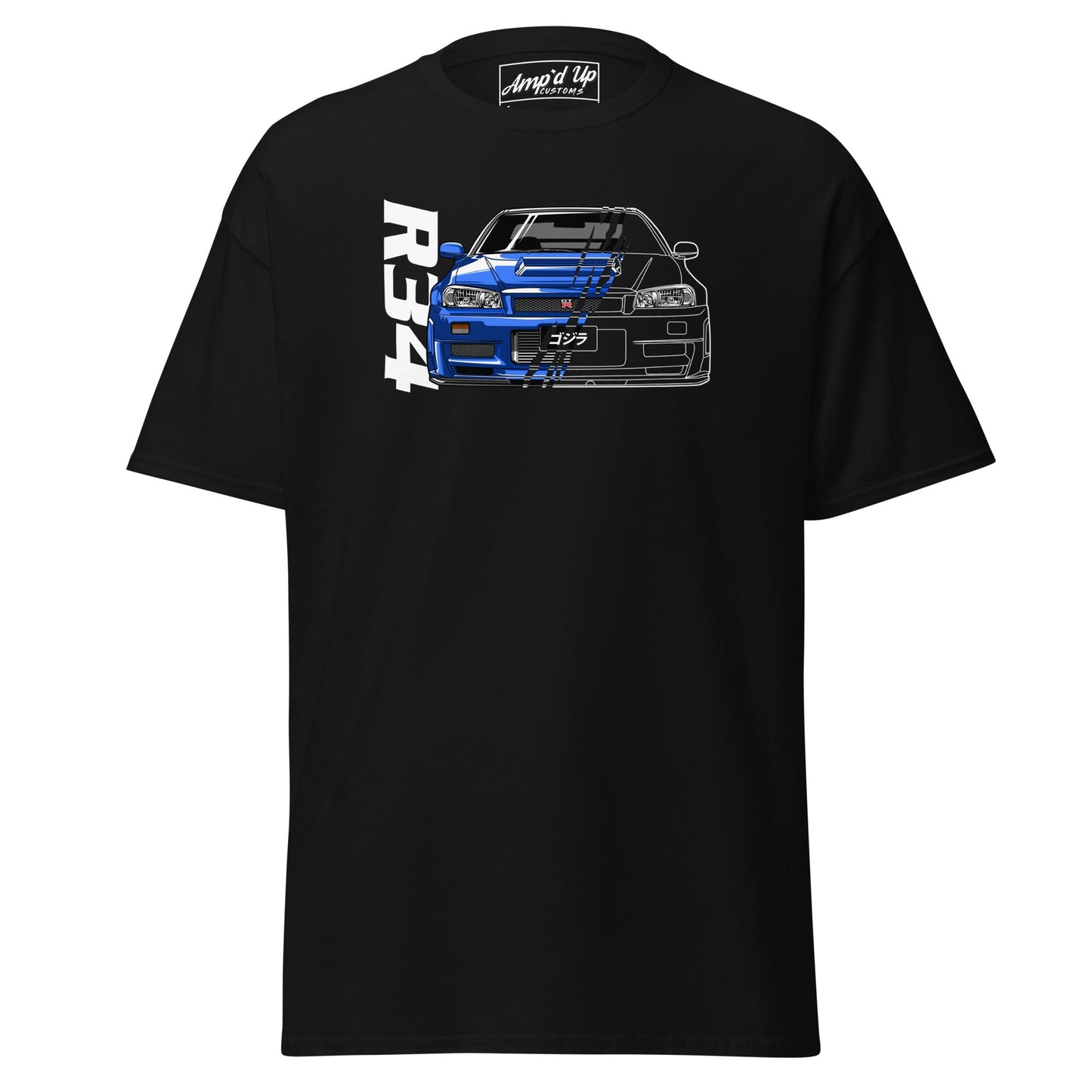 Black R34 Skyline T-Shirt from AMP'D UP CUSTOMS featuring a blue car graphic