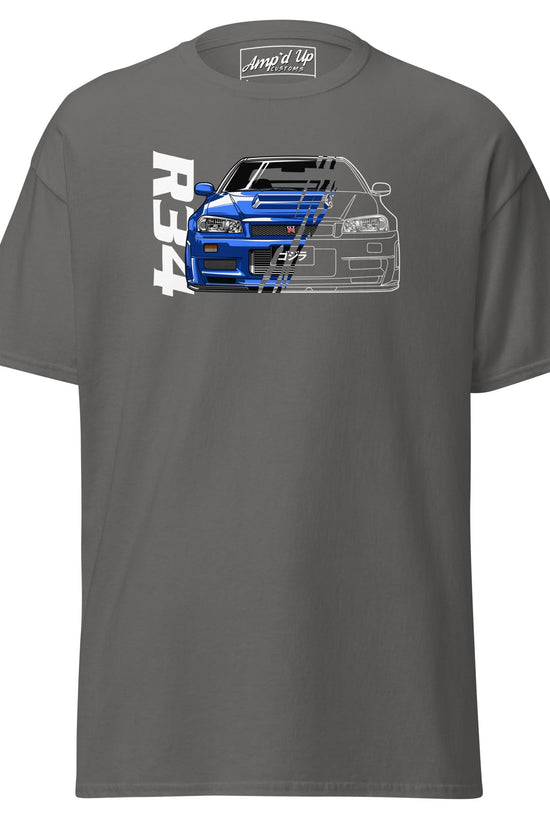 R34 Skyline T-Shirt in gray featuring a graphic of a blue R34 Skyline car