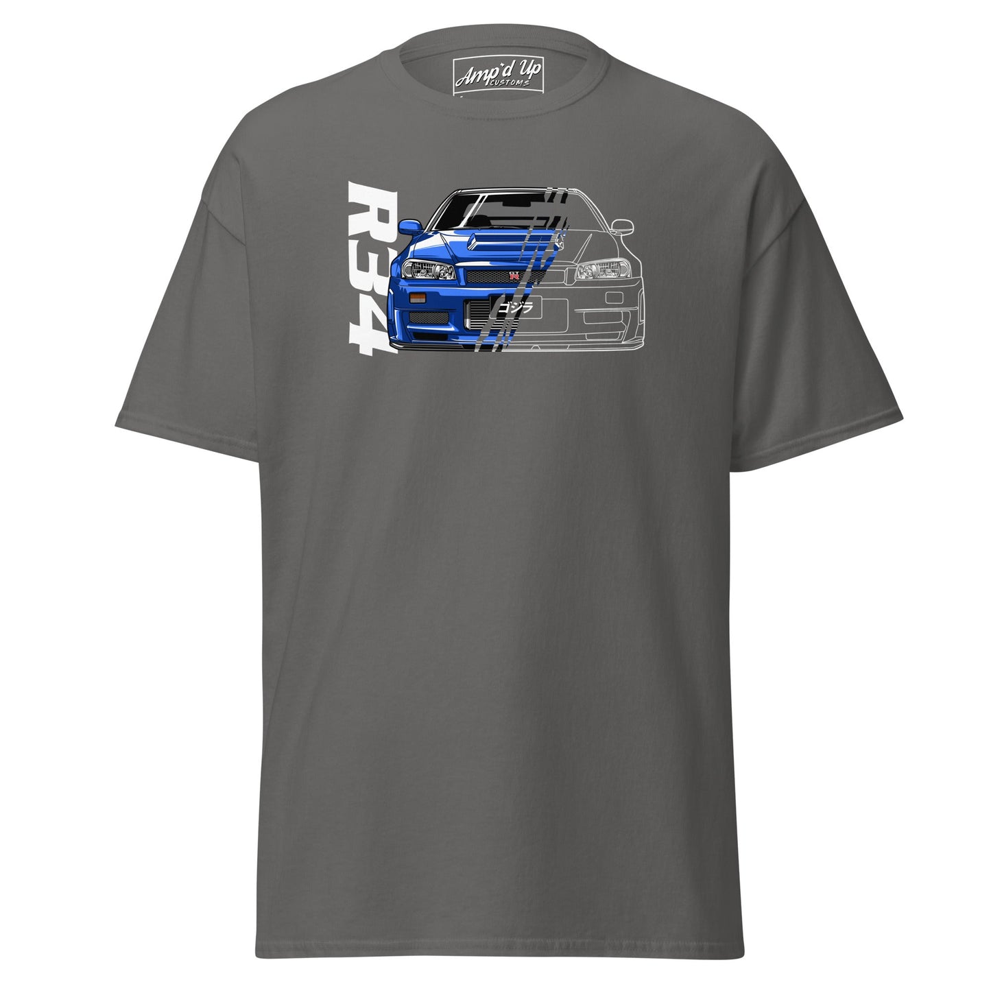R34 Skyline T-Shirt in gray featuring a graphic of a blue R34 Skyline car