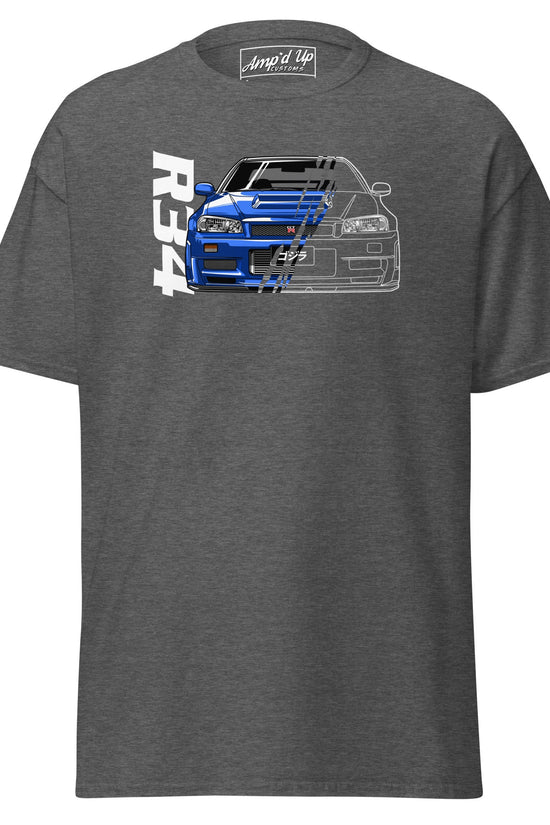 R34 Skyline T-Shirt from AMP'D UP CUSTOMS featuring a blue car graphic on a gray background
