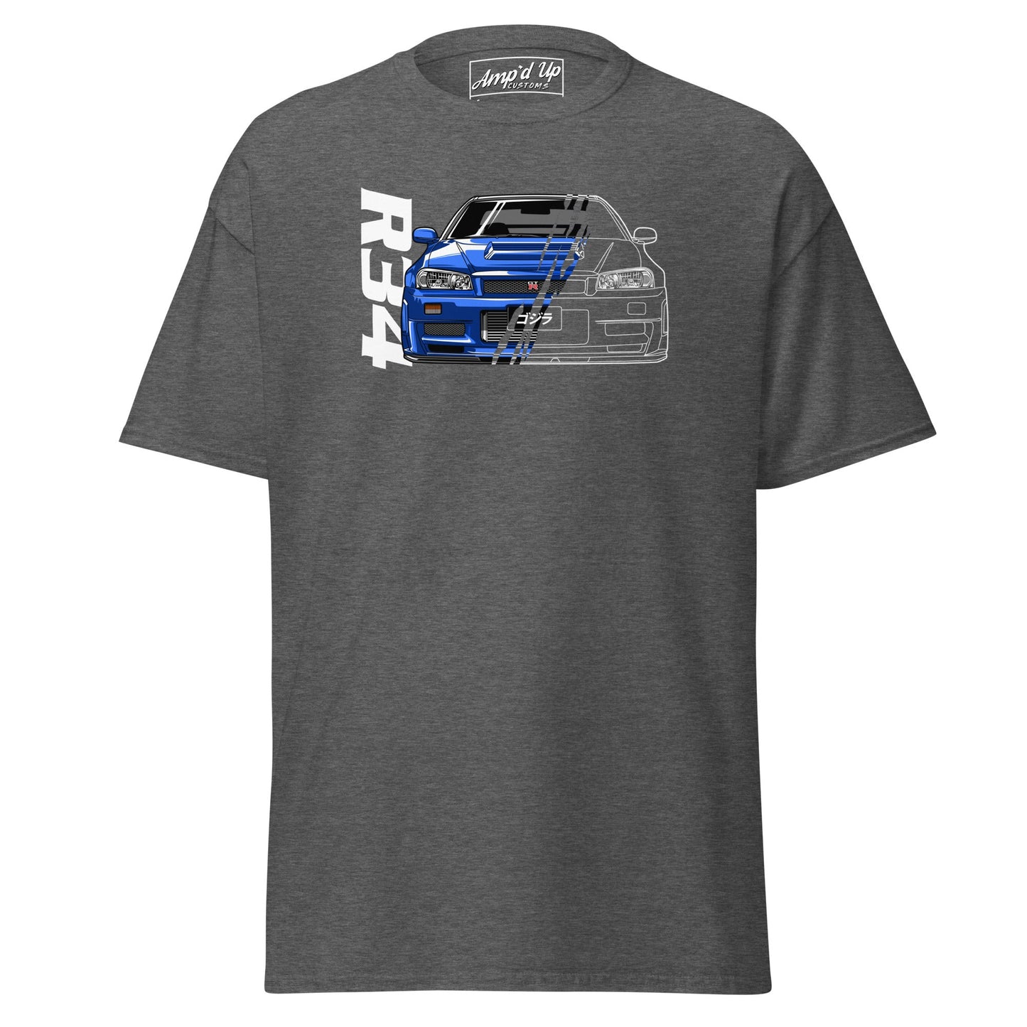 R34 Skyline T-Shirt from AMP'D UP CUSTOMS featuring a blue car graphic on a gray background
