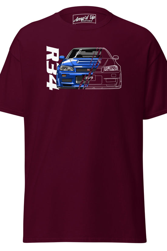 AMP'D UP CUSTOMS R34 Skyline T-Shirt in burgundy featuring a car graphic design