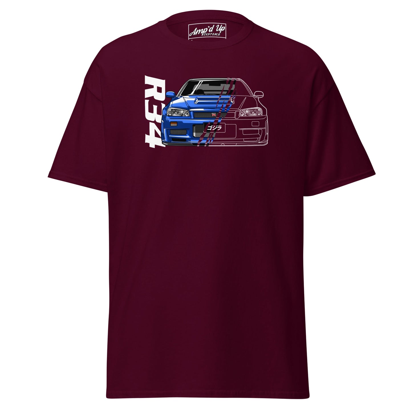 AMP'D UP CUSTOMS R34 Skyline T-Shirt in burgundy featuring a car graphic design
