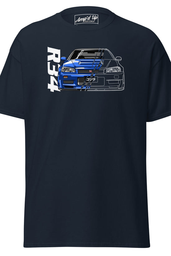 AMP'D UP CUSTOMS R34 Skyline T-Shirt featuring a bold graphic of the iconic blue sports car