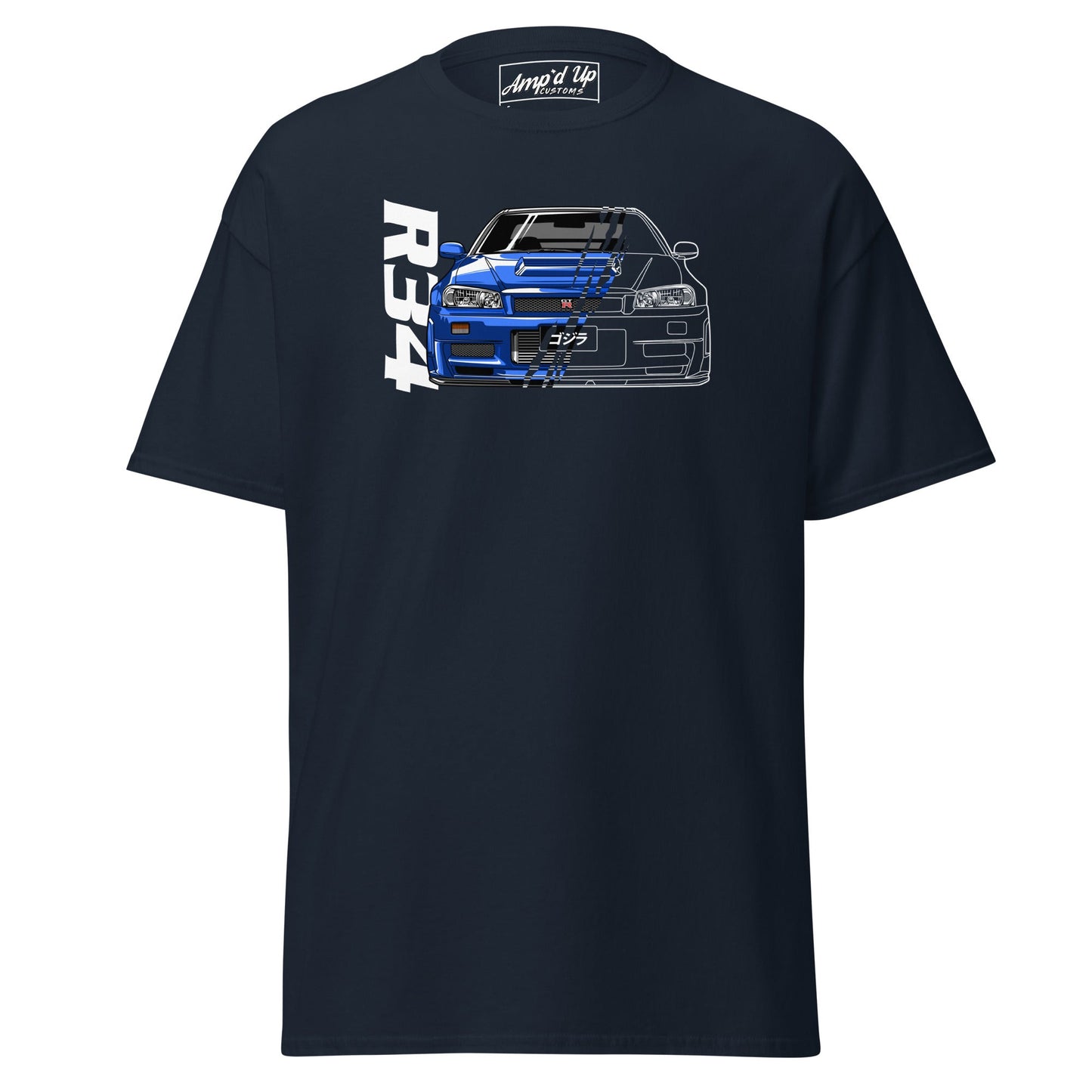 AMP'D UP CUSTOMS R34 Skyline T-Shirt featuring a bold graphic of the iconic blue sports car