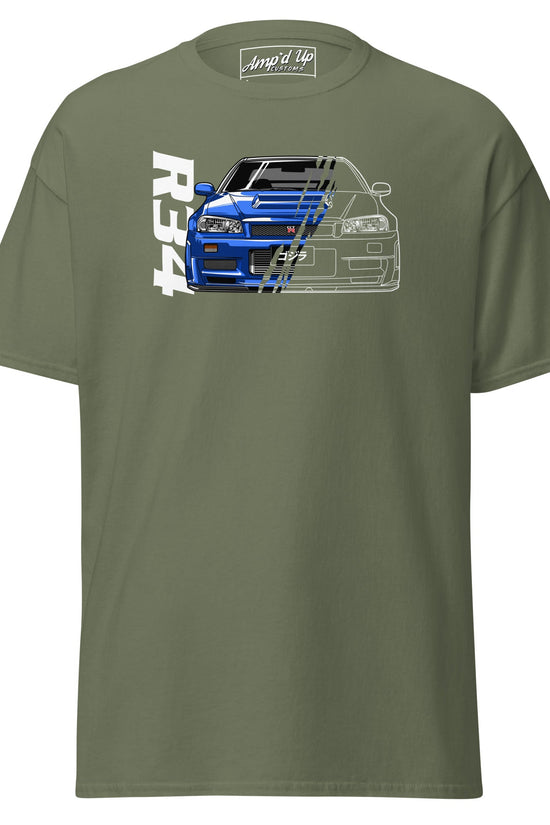 Olive green R34 Skyline T-Shirt featuring a graphic of a blue R34 Skyline car