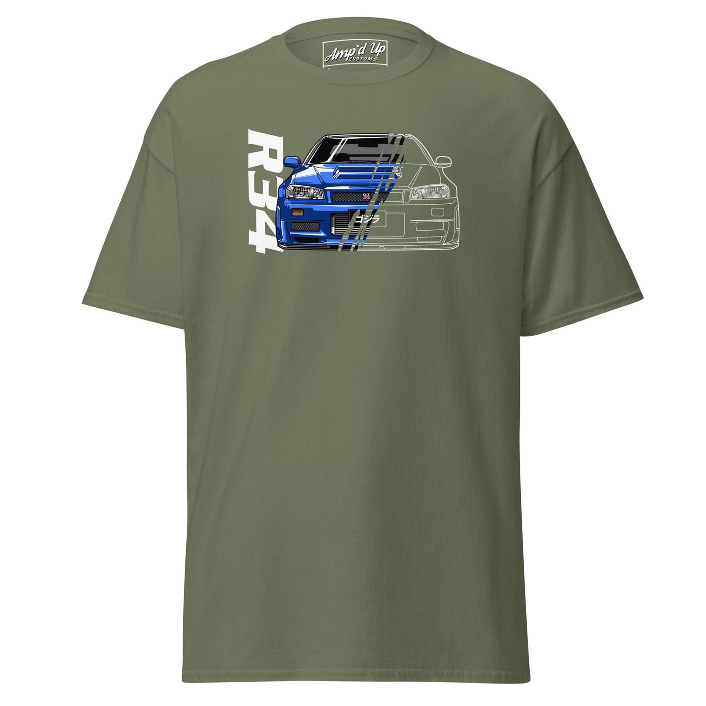 Olive green R34 Skyline T-Shirt featuring a graphic of a blue R34 Skyline car