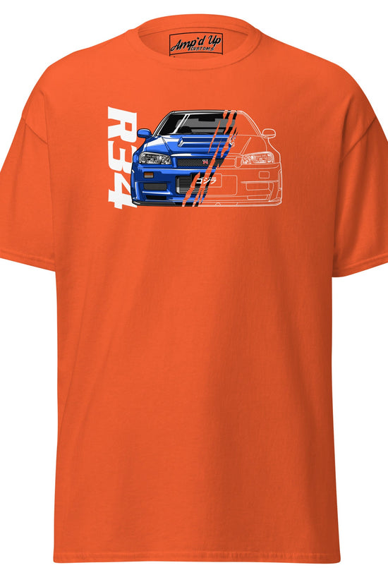 Orange R34 Skyline T-Shirt featuring a graphic of the iconic car design