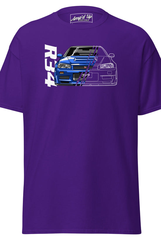 Purple AMP'D UP CUSTOMS R34 Skyline T-Shirt featuring an artistic car graphic